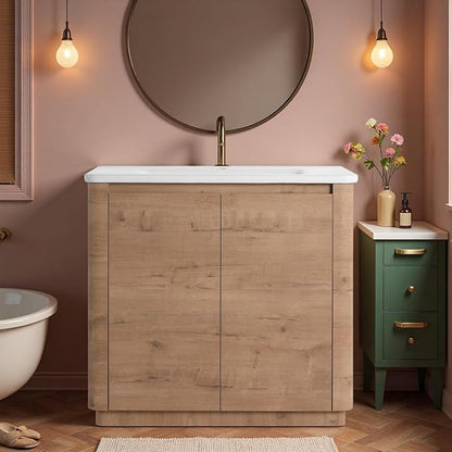 36" Bathroom Vanity with Ceramic Sink, Freestanding Bathroom Vanity with 2-Soft-Close Door, Soft-Closing Hinges & Hidden Handles for Home, Farmhouse, Easy to Clean Design, Imitative Oak