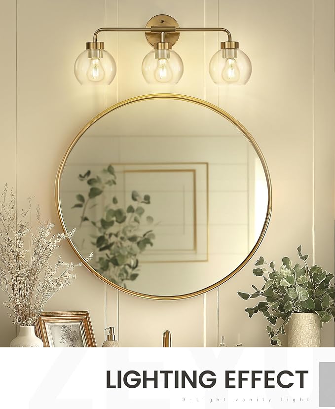 zeyu 3-Light Modern Vanity Light Fixture, 23 Inch Bathroom Light Fixtures Wall Mount with Clear Glass Globe Shade, Brushed Gold Finish, ZS62BG-3W BG