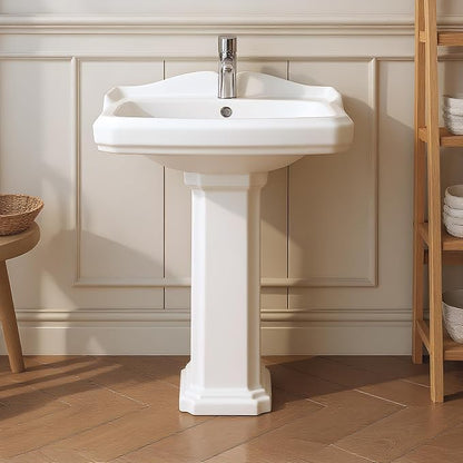 23" W X 19" D Bathroom Pedestal Sink,Vintage Ceramic White Pedestal Sinks for Bathroom With Overflow and 1 Faucet Holes
