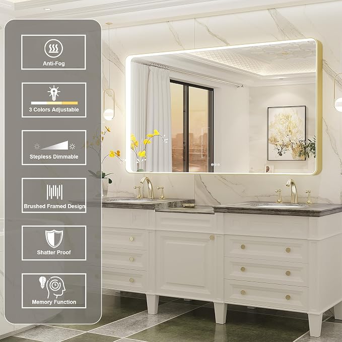 LED Mirror for Bathroom 60X36 Inch Gold Framed with Anti-Fog, Stepless Dimmable, Front Lit, LED Bathroom Vanity Mirror for Wall, Memory Function, Shatter-Proof