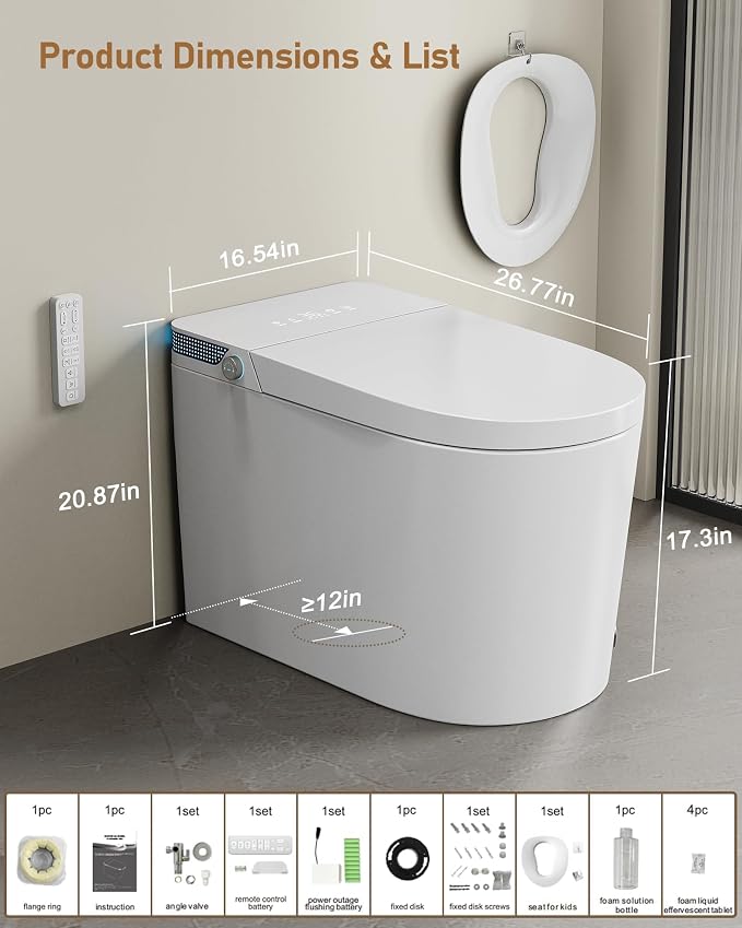 Smart Toilet with Bidet Built-in: Bidet Toilet with 5L Tank, Dual Flush | Auto Flush Lid&Seat, Powerful Modern Toilet with Instant Warm Water, Dryer, Foot Sensor, Foam, Heated Seat, UV-C Night Light