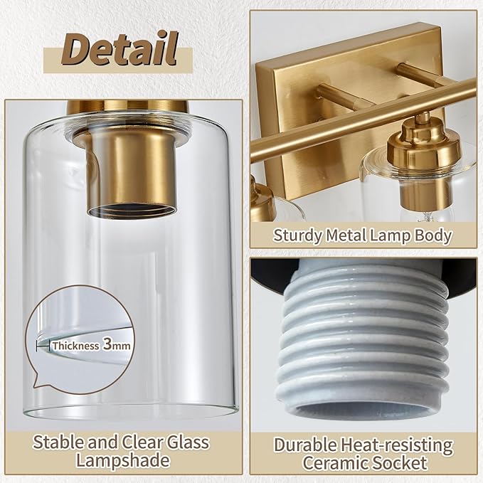 Bathroom Vanity Light Over Mirror,Bathroom Light Fixture Wall Sconce Lighting for Bedroom,Living Room (Gold, 2-Light)