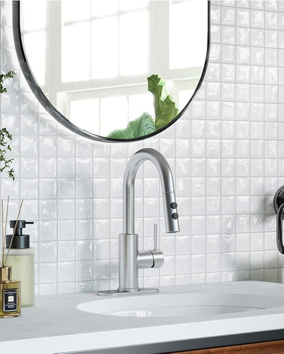 Fransiton Bathroom Faucets, Bar Sink Faucet Single Hole for Bathroom Kitchen Campers with Deck Plate Outdoor Faucet Vessel Farmhouse Vanity Lavatory (Brushed Nickel - Pull Sprayer - A)