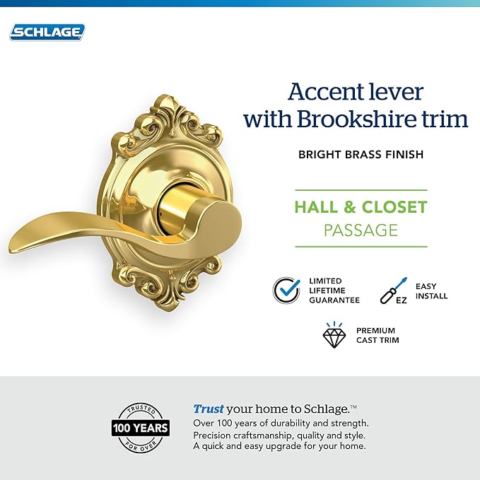 SCHLAGE Accent Lever with Brookshire Trim Hall and Closet Lock in Bright Brass