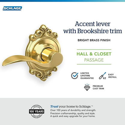 SCHLAGE Accent Lever with Brookshire Trim Hall and Closet Lock in Bright Brass