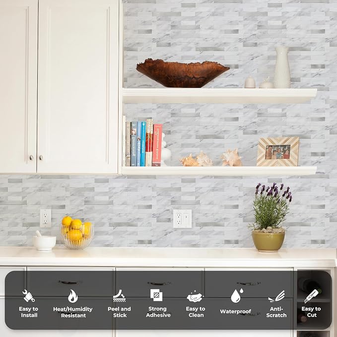 STICKGOO Peel and Stick Backsplash, PVC Wall Tiles Stick on Backsplash for Kitchen(1 Sheet, White Marble with Metal Silver)