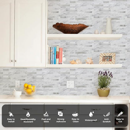 STICKGOO Peel and Stick Backsplash, PVC Wall Tiles Stick on Backsplash for Kitchen(1 Sheet, White Marble with Metal Silver)