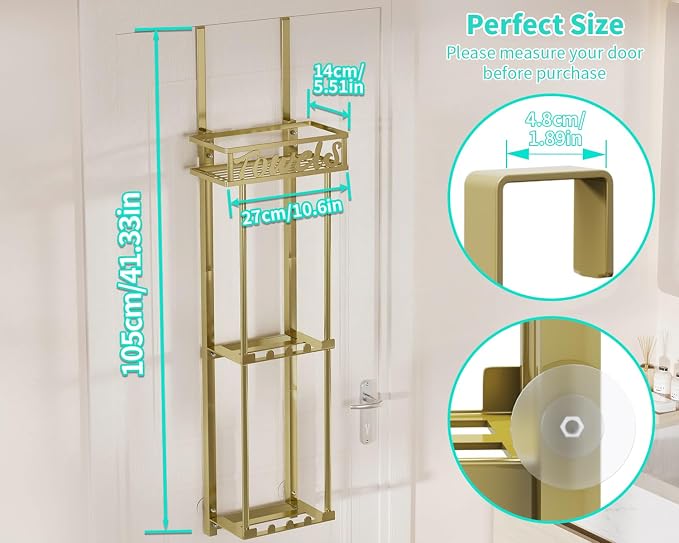 HapiRm Towel Rack Bathroom Storage - 3 Tier Over The Door & Wall Mounted Rolled Towel Racks Holder Organizer with Metal Shelf and 6 Hooks for Small Bathroom, Camper, Rv - Gold