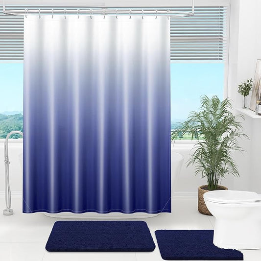 OLANLY Luxury Navy and White Ombre Shower Curtain Sets with 12 Hooks, Waterproof and Washable Decorative Shower Curtains for Bathroom, 72x72 Inches
