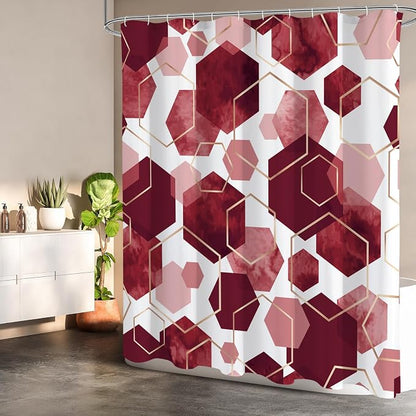 Litabel Small Stall Shower Curtain Set, Geometric Bathroom Decor 36x72 | Narrow Half Modern Minimalist Shower Curtais, Burgundy Geometric Art Print Abstract Waterproof Bath Curtain