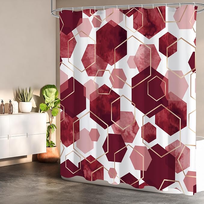 Litabel Long Shower Curtain for Bathroom, Geometric Bathroom Decor 72x78 | Long Modern Minimalist Shower Curtais, Burgundy Geometric Art Print Abstract Waterproof Bath Curtain