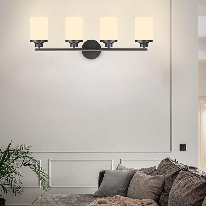 Bathroom Light Fixtures,Matte Black Bathroom Lights,4-Light Vanity Light Over Mirror,Modern Vanity Light Fixture with Frosted Glass