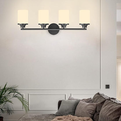 Bathroom Light Fixtures,Matte Black Bathroom Lights,4-Light Vanity Light Over Mirror,Modern Vanity Light Fixture with Frosted Glass