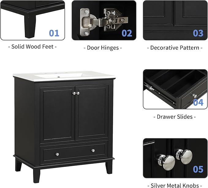 LUMISOL 30" Bathroom Vanity with Sink, Solid Wood Black Bathroom Vanity with Drawer and Storage Racks, Adjustable Shelf, Freestanding Bathroom Sink Cabinet with Ceramic Basin, Black
