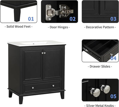 LUMISOL 30" Bathroom Vanity with Sink, Solid Wood Black Bathroom Vanity with Drawer and Storage Racks, Adjustable Shelf, Freestanding Bathroom Sink Cabinet with Ceramic Basin, Black
