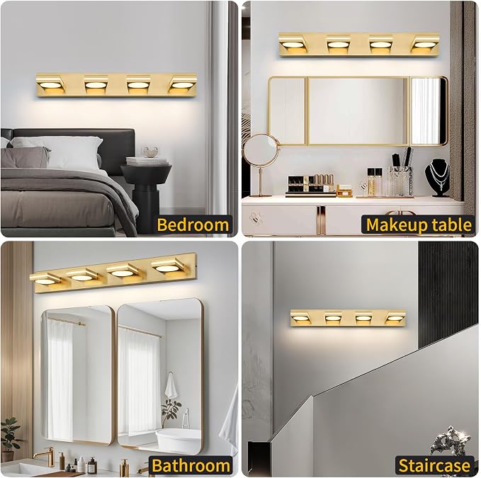 Bathroom Light Fixtures, Gold Vanity Light Modern LED Acrylic Lighting Fixtures, Bathroom Accessories Dimmer Lamps, 3CCT, 30-inch