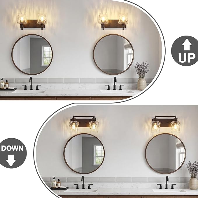 Bathroom Light Fixtures Farmhouse Oil Rubbed Bronze Vanity Lights for Bathroom Lighting Fixtures Over Mirror with Hammered Glass Lampshade for Cabinet Mirror Bedroom Hallway 2 Light