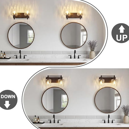 Bathroom Light Fixtures Farmhouse Oil Rubbed Bronze Vanity Lights for Bathroom Lighting Fixtures Over Mirror with Hammered Glass Lampshade for Cabinet Mirror Bedroom Hallway 2 Light