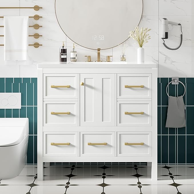 Merax 36 Inch White Bathroom Vanity with Sink,Modern Bathroom Sink Cabinet 36" with 5 Drawers & Storage Cabinet,Spacious Integrated Countertop,Gold Handles,Soft Closing,Solid Wood Frame