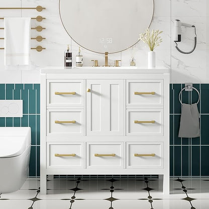 Merax 36 Inch White Bathroom Vanity with Sink,Modern Bathroom Sink Cabinet 36" with 5 Drawers & Storage Cabinet,Spacious Integrated Countertop,Gold Handles,Soft Closing,Solid Wood Frame