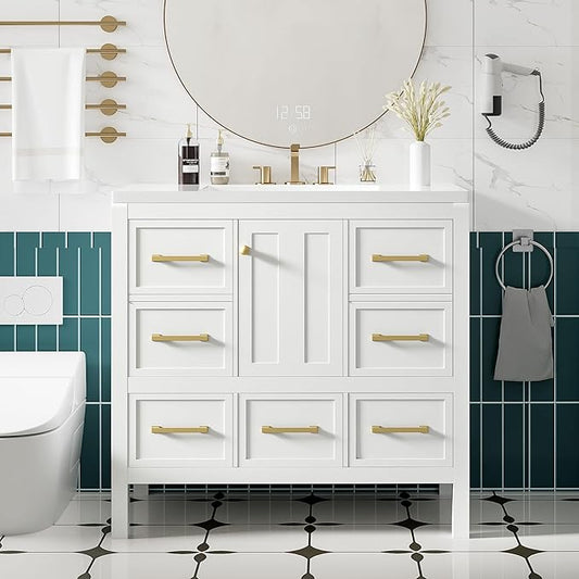 Merax 36 Inch White Bathroom Vanity with Sink,Modern Bathroom Sink Cabinet 36" with 5 Drawers & Storage Cabinet,Spacious Integrated Countertop,Gold Handles,Soft Closing,Solid Wood Frame