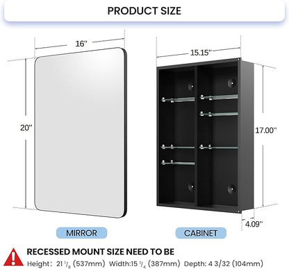 Black Medicine Cabinet with Mirror 16x20 Inch, Small Bathroom Wall Cabinet with Storage, Modern Matte Finish, 6 Adjustable Glass Shelves, Silent Soft Close, Rust Proof Aluminum Organizer