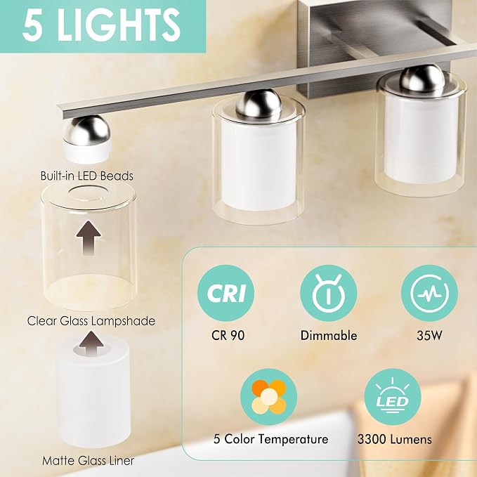 Quntis 5 Light Brushed Nickel Bathroom Light Fixtures, Modern Vanity Lights Over Mirror with 5 Colors & Stepless Dimmable, 33 Inch LED Bathroom Lighting with Milk White Frosted Glass (Bulbs Included)
