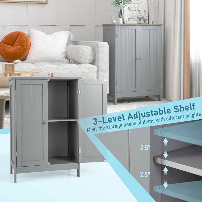 Giantex Storage Cabinet with Doors and Shelves - Freestanding Storage Organizer with Anti-Tipping Device, Entryway Storage Unit for Living Room, Home Decor, Bathroom Floor Cabinet (Gray)