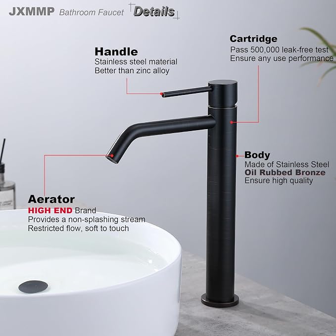 Oil Rubbed Bronze Vessel Sink Faucet with Pop Up Drain and Supply Lines, Stainless Steel Bronze Vanity Faucet Single Hole, JXMMP 1 Handle Bathroom Faucet Oil Rubbed, JXM1001ORB