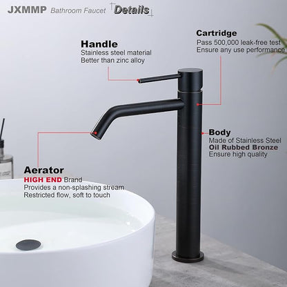 Oil Rubbed Bronze Vessel Sink Faucet with Pop Up Drain and Supply Lines, Stainless Steel Bronze Vanity Faucet Single Hole, JXMMP 1 Handle Bathroom Faucet Oil Rubbed, JXM1001ORB