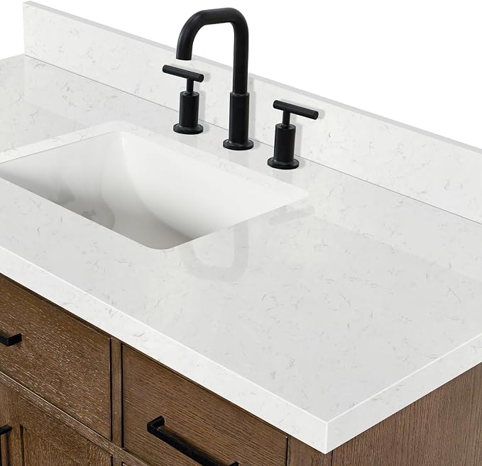 Isabella 48-Inch Brown Oak Single Bathroom Vanity with Sink, 1.5-Inch Edge Carrara White Quartz Countertop & 4" Backsplash, Soft-Closing Doors & Drawers, Solid Oak Wood Construction