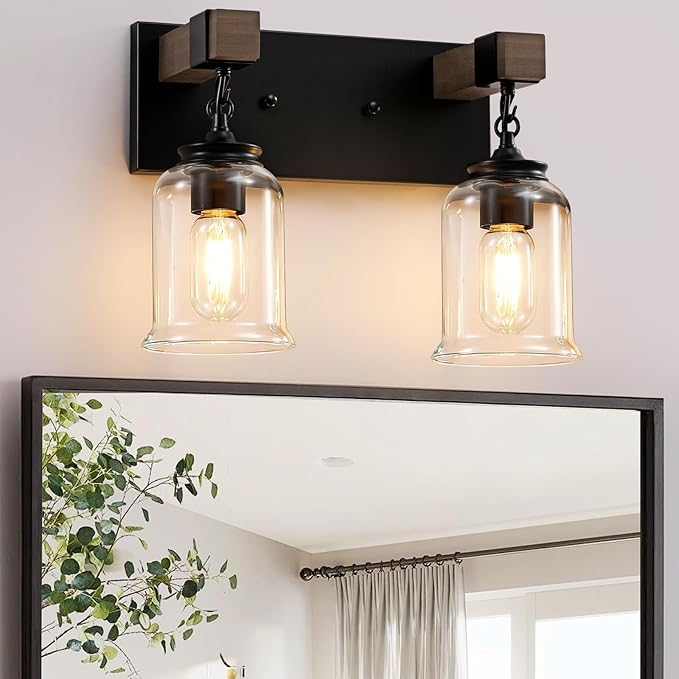 Farmhouse Bathroom Light Fixtures, 2 Light Black Vanity Light, Industrial Style with Clear Glass Shades, Rustic Wood Bathroom Lighting Fixtures Over Mirror for Bedroom, Living Room