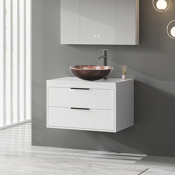 eclife 30" Floating Bathroom Vanities with Sink Combo, Wall Mounted Modern Cabinet W/Diamond Line Pattern Design, Brown Round Glass Vessel Sink W/Water Save Faucet & Pop Up Drain, White