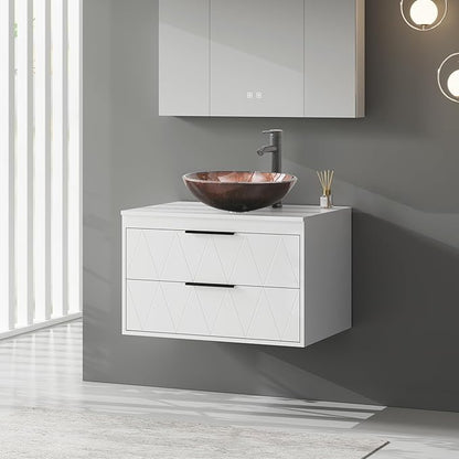 eclife 30" Floating Bathroom Vanities with Sink Combo, Wall Mounted Modern Cabinet W/Diamond Line Pattern Design, Brown Round Glass Vessel Sink W/Water Save Faucet & Pop Up Drain, White