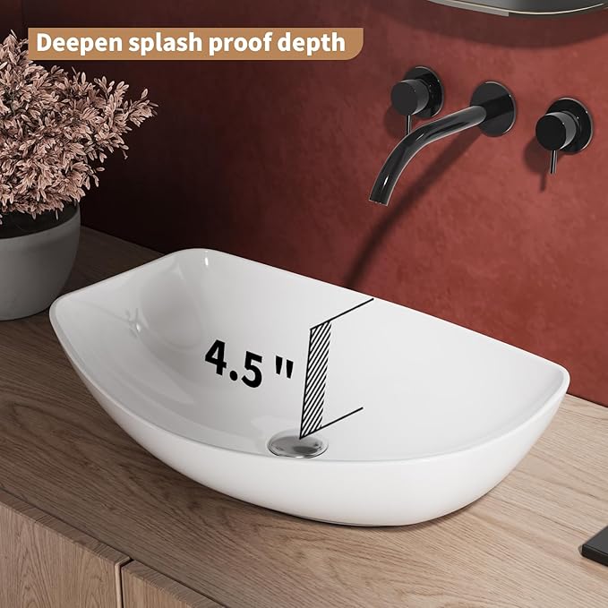 22"X16" Bathroom Vessel Sink Boat Shape Above Counter Oval White Porcelain Ceramic Modern Vanity Sink Art Basin