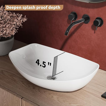 22"X16" Bathroom Vessel Sink Boat Shape Above Counter Oval White Porcelain Ceramic Modern Vanity Sink Art Basin
