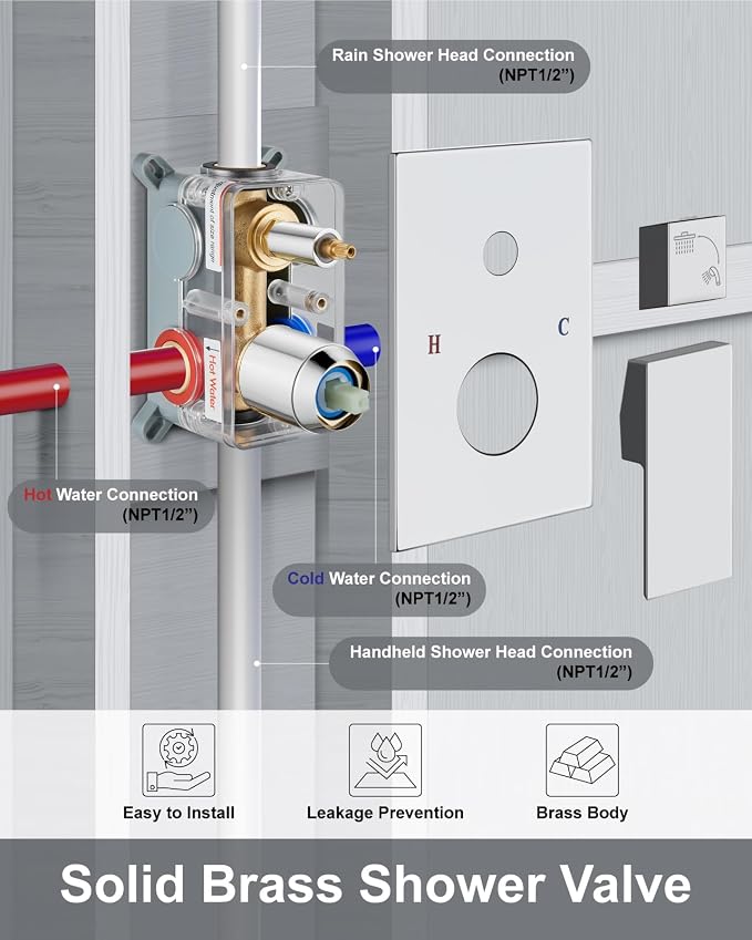Aolemi Shower System with Rain Head and Handheld,12-Inch,Polish Chrome | High-Pressure Shower Faucet Set with Dual-Function Handheld,Rough-In Valve,1.8 GPM,Ceiling Mount Trim Kit