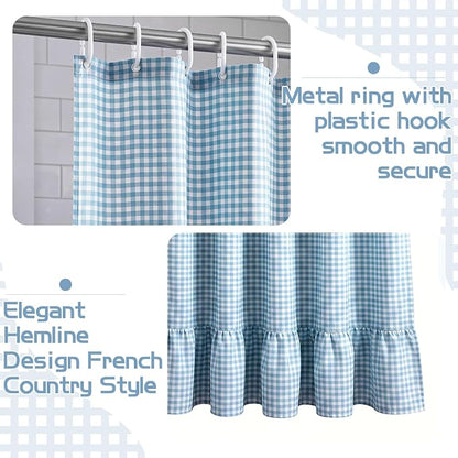 HunnmingRe Ruffle Hem Gingham Shower Curtain Light Blue | 72'' x 72'' Vintage Farmhouse Curtain, Cotton Cottage Core Rural Checkered Plaid Decor, Fall Shower Curtain for Bathroom