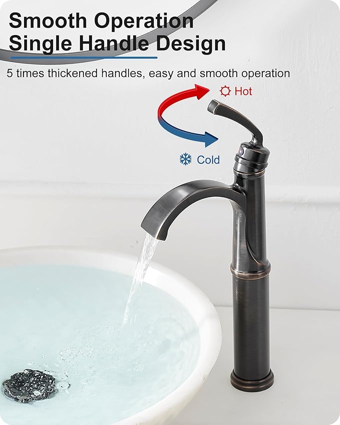 Waterfall Vessel Sink Faucet Oil Rubbed Bronze, Brass Tall Bathroom Faucet with Pop-up Drain, cUPC Supply Hoses, Single Handle for Vanity, Farmhouse, 1 Hole Vessel Sink, 5 Mins Quick Install