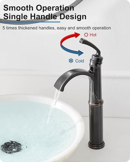 Waterfall Vessel Sink Faucet Oil Rubbed Bronze, Brass Tall Bathroom Faucet with Pop-up Drain, cUPC Supply Hoses, Single Handle for Vanity, Farmhouse, 1 Hole Vessel Sink, 5 Mins Quick Install