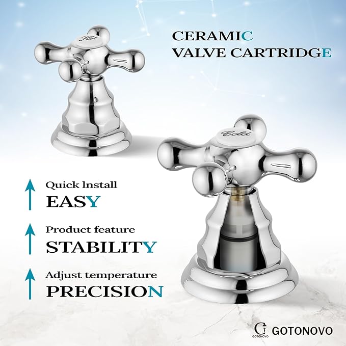 gotonovo Bathroom Faucet 3 Hole 8 Inch Widespread Bathroom Sink Faucet 2 Cross Handles Vintage Lavatory Vanity Mixer Tap with Pop Up Drain, Round Font Label, Polish Chrome