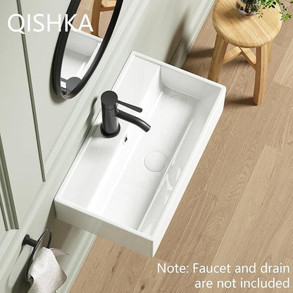 Wall Mount Rectangular Vessel Sink with Towel Rack, QISHKA 21.5"x12.5" Modern Ceramic Bathroom Floating Sink, White Rectangle Vanity Sink with Overflow, Wall Hung Wash Hand Basin