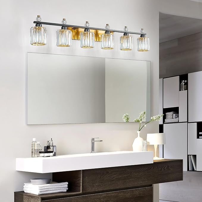 Bathroom Vanity Lights 6-Light Black Gold Modern Crystal Vanity Light Fixtures Over Mirror Crystal Bathroom Vanity Lighting Fixtures