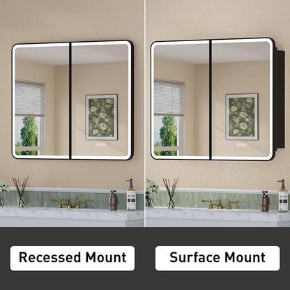 32 x 30 Inch LED Medicine Cabinet with Mirror, UL Certified Dimmable Lighted Bathroom Mirror Cabinet, Anti-Fog & Memory Function, 3 Color Modes, Recessed or Wall Mounted, Adjustable Shelf, Black