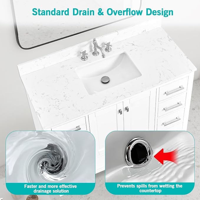 42"x22" Engineered Stone Bathroom Vanity Top with Rectangular Undermount Ceramic Middle Sink, 8 Inch Faucet Hole Spread with Backsplash Bathroom Vanity Sink Top (Cabinet Not Included)