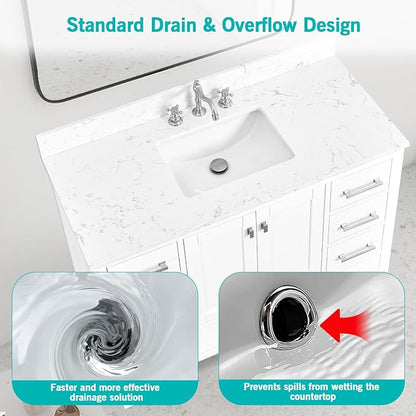 42"x22" Engineered Stone Bathroom Vanity Top with Rectangular Undermount Ceramic Middle Sink, 8 Inch Faucet Hole Spread with Backsplash Bathroom Vanity Sink Top (Cabinet Not Included)