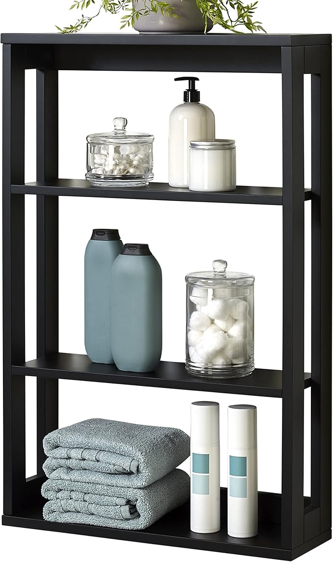 Zenna Home Wall Mounted Storage Shelf, Wood Space Saving Storage Organizer with 4 Shelves, Shelving Unit for Small Spaces like Bathroom and Kitchen, Black