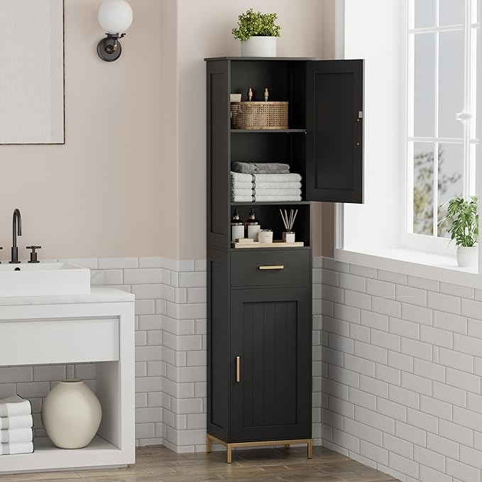 Homhedy 67" H Bathroom Storage Cabinet, Tall Bathroom Cabinet, Black | Narrow Cabinet with Doors and Drawer, Adjustable Shelves, Floor Cabinet for Bathroom, Living Room, Kitchen, Dining Room