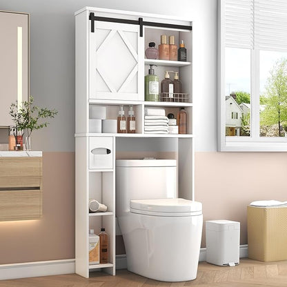 Over the Toilet Storage Cabinet with Farmhouse Sliding Barn Door, Above Toilet Organizer with Toilet Paper Holder Stand, Behind Toilet Shelf, Space Saver for Restroom, Bathroom, Laundry, White