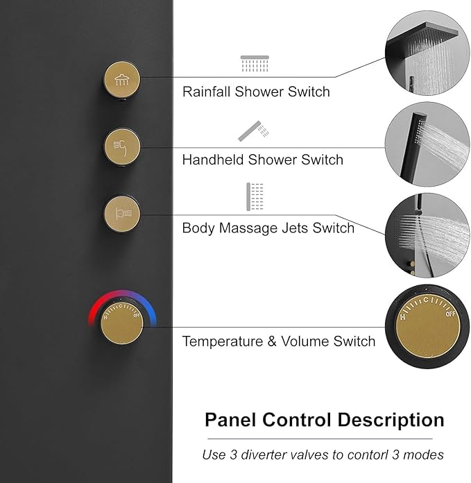 Shower Panel Tower System Stainless Steel Rainfall Shower Massage Body Jets and Handheld Shower System 3-Functions Wall Mount, Black